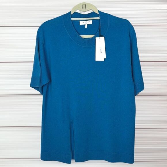 NWT SANDRO sweater short sleeves wool/cashmere blue knotted on the side S - Picture 2 of 13